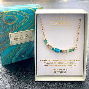 Turquoise, Agate & Zircon Gemstone Necklace – Silver Tone – Rhode & Co – 16–18”